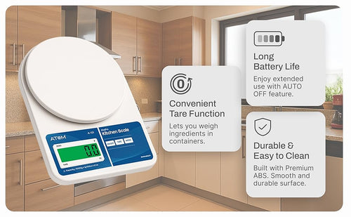 ATOM ALISTON K1 Series Digital Kitchen Weighing Scale 10 kg, Electronic Weight Machine with LCD Display for Baking, Cooking, Food & Diet, SF-400/A121. 6Months Warranty (Colour May Vary)