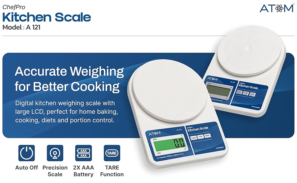 ATOM ALISTON K1 Series Digital Kitchen Weighing Scale 10 kg, Electronic Weight Machine with LCD Display for Baking, Cooking, Food & Diet, SF-400/A121. 6Months Warranty (Colour May Vary)