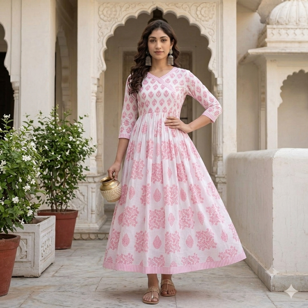 💫Elegant Floral Block Print Cotton Anarkali Kurta Set with Dupatta - Blush Pink