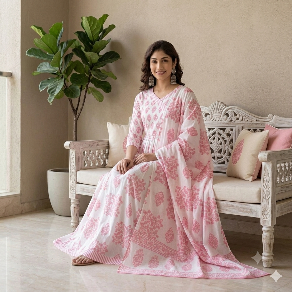 💫Elegant Floral Block Print Cotton Anarkali Kurta Set with Dupatta - Blush Pink