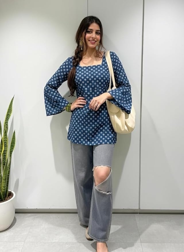 ANNI Designer Women’s Viscose Blend Printed Short Kurti | Straight Fit Casual Ethnic Top | Square Neck Full Sleeve Kurta Office College