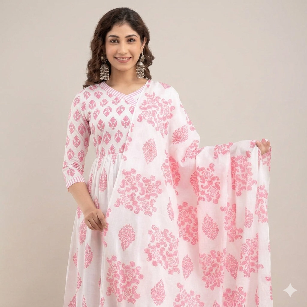 💫Elegant Floral Block Print Cotton Anarkali Kurta Set with Dupatta - Blush Pink