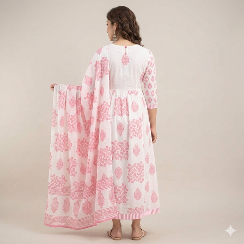 💫Elegant Floral Block Print Cotton Anarkali Kurta Set with Dupatta - Blush Pink