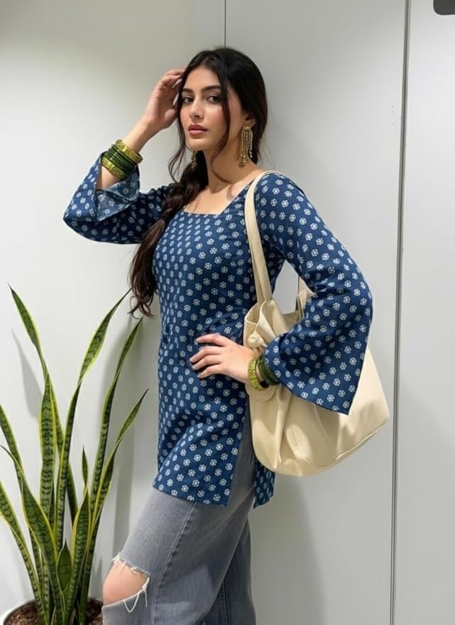 ANNI Designer Women’s Viscose Blend Printed Short Kurti | Straight Fit Casual Ethnic Top | Square Neck Full Sleeve Kurta Office College